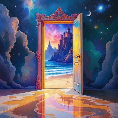 The primary subject of the image is a large, ornate door with a golden frame, which is open and inviting. The door is situated in front of a beautiful beach scene, with a castle in the background. The setting is a combination of a beach and a castle, creating a unique and visually appealing environment. The visual style of the image is a digital art or illustration, showcasing the intricate details of the door and the surrounding landscape. The colors and mood of the image are warm and inviting, with the golden frame of the door and the vibrant colors of the beach and castle creating a sense of wonder and adventure.